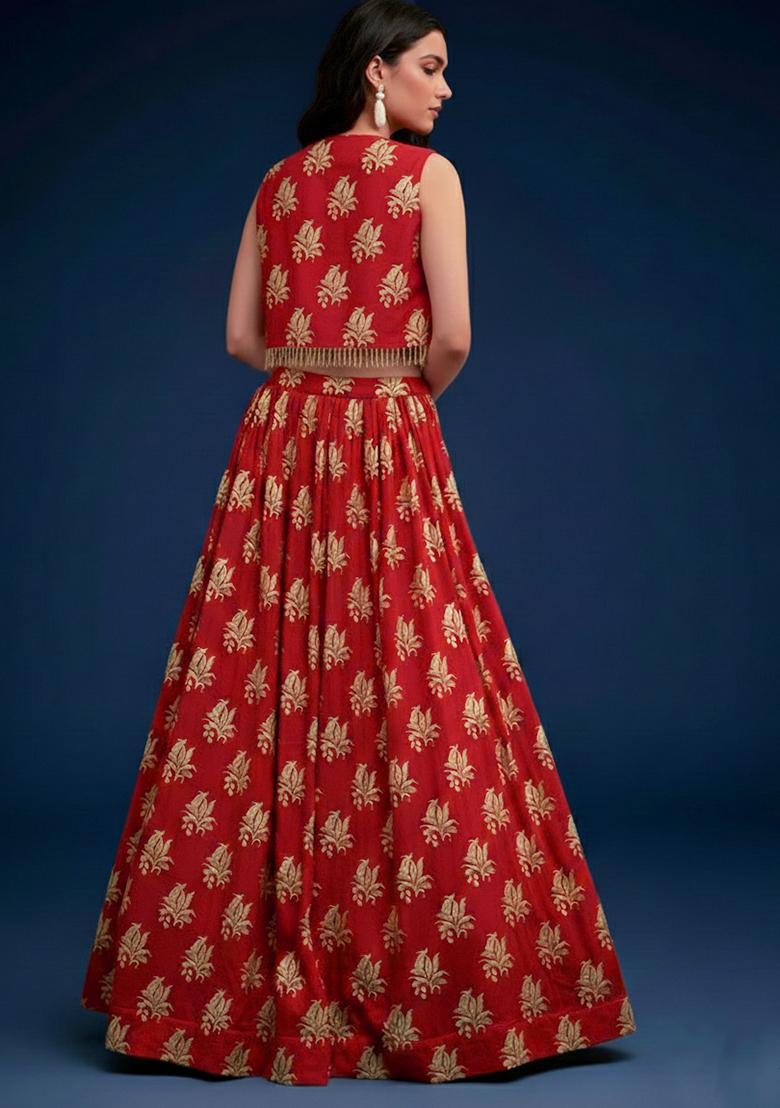 Red Brocade Lehenga Set - Indya