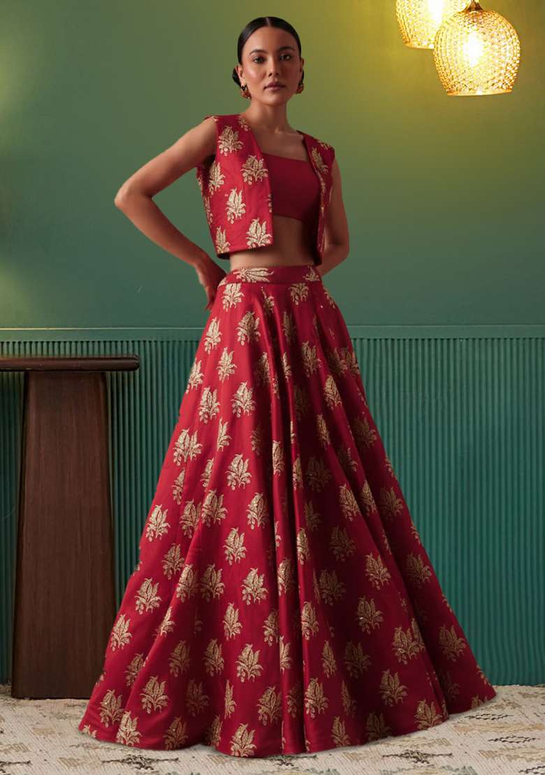 Red Brocade Lehenga Set - Indya