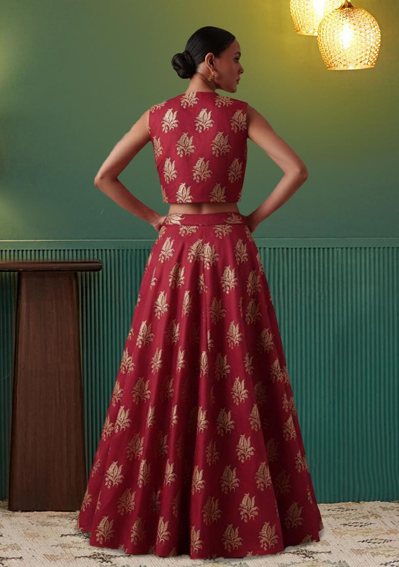 Red Brocade Lehenga Set - Indya