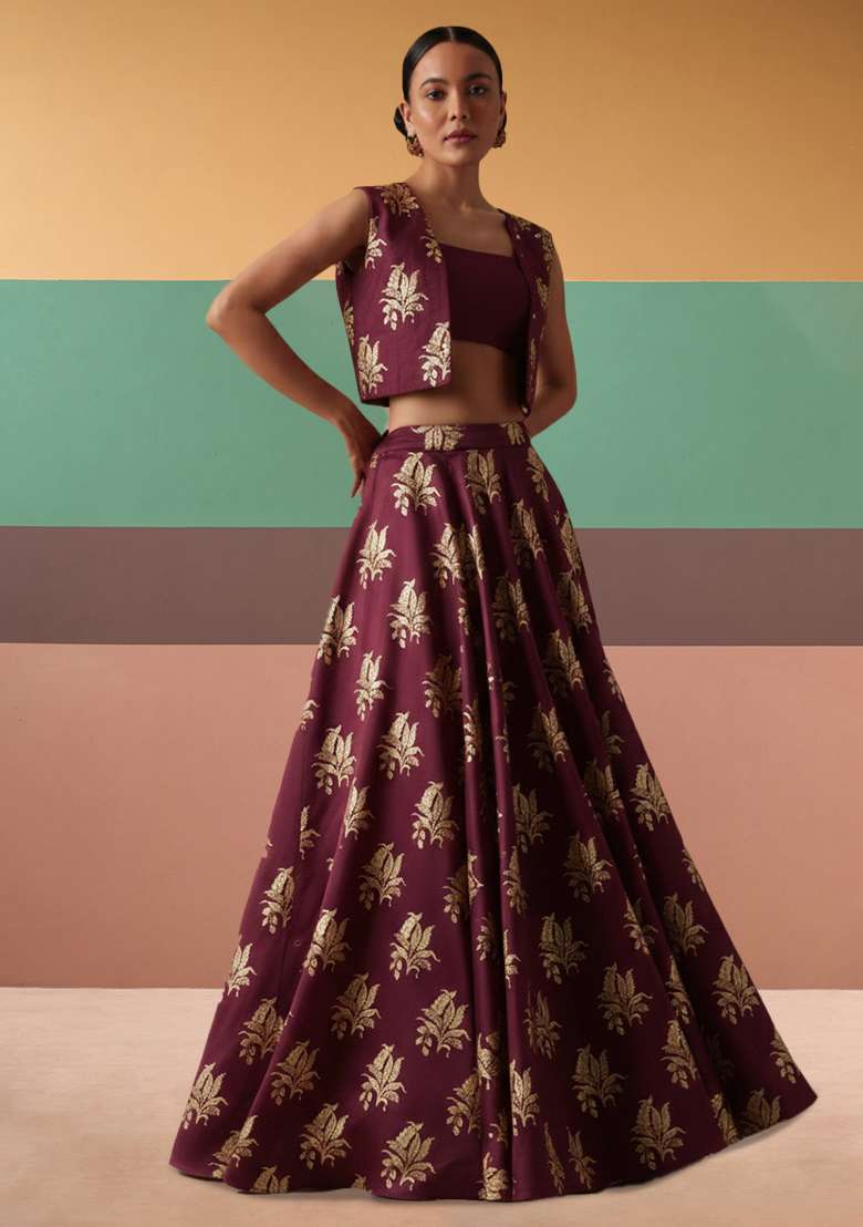 Wine Brocade Lehenga Set - Indya