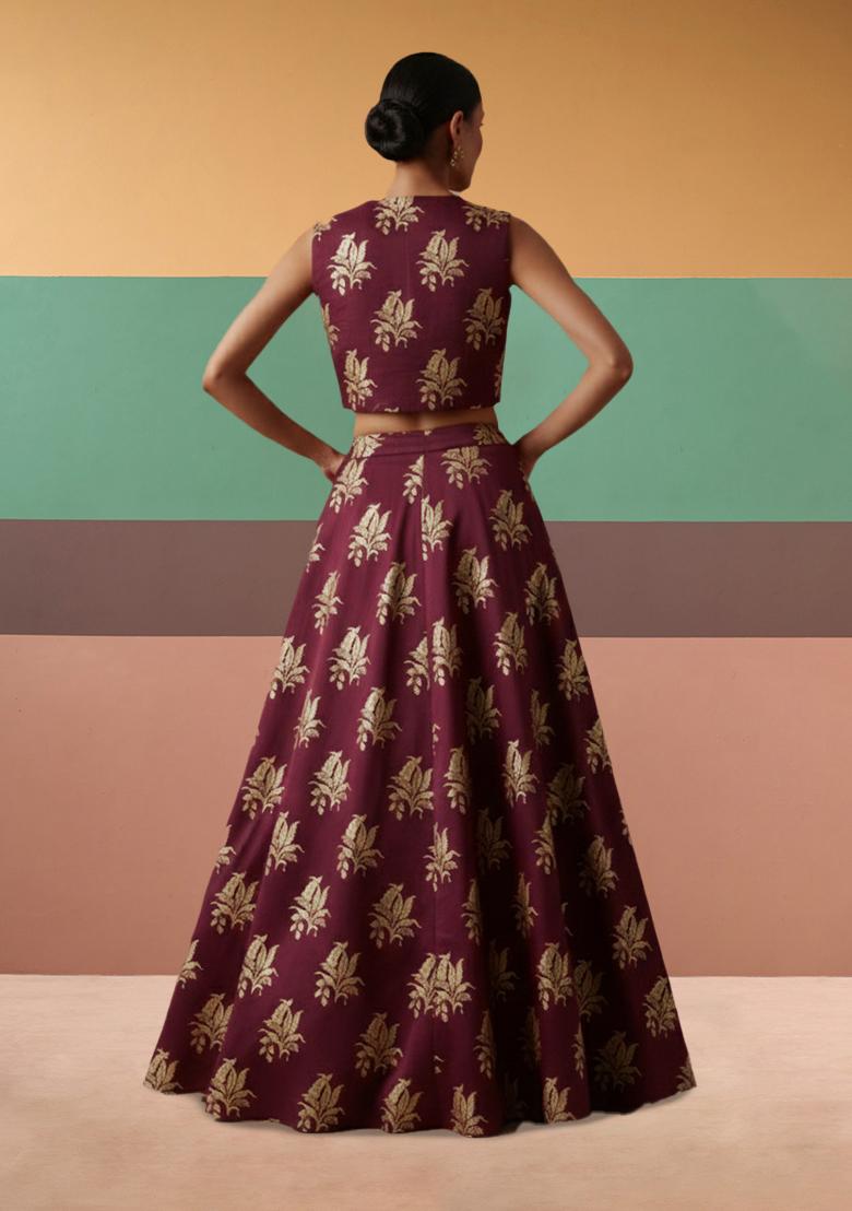 Wine Brocade Lehenga Set - Indya
