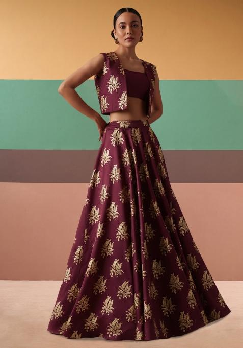Wine Brocade Lehenga Set