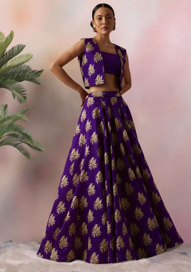 Purple Brocade Lehenga Set - Indya