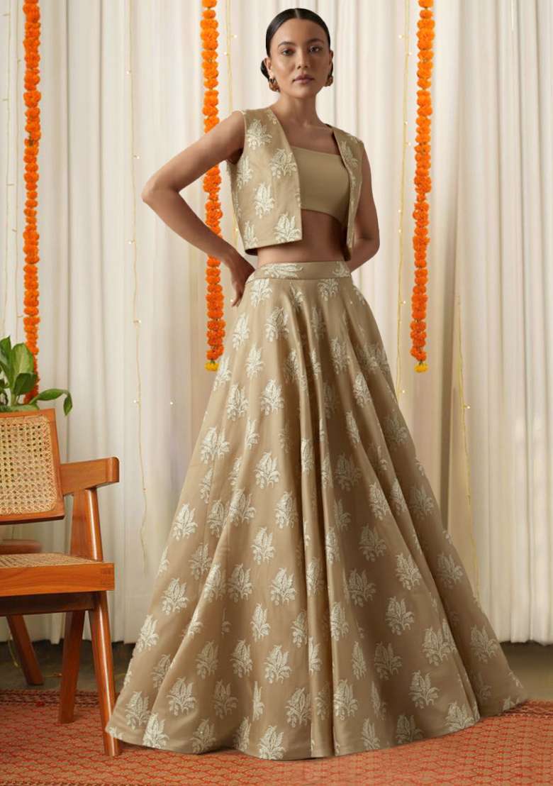 Beige Brocade Lehenga Set - Indya