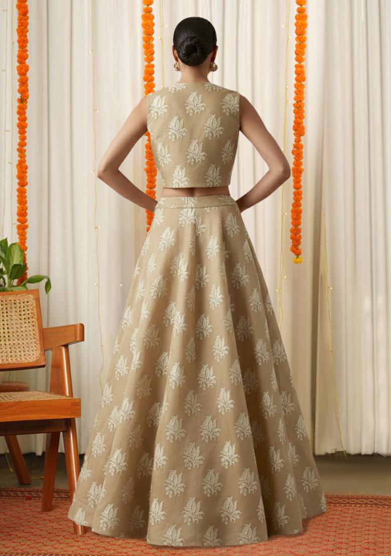 Beige Brocade Lehenga Set - Indya