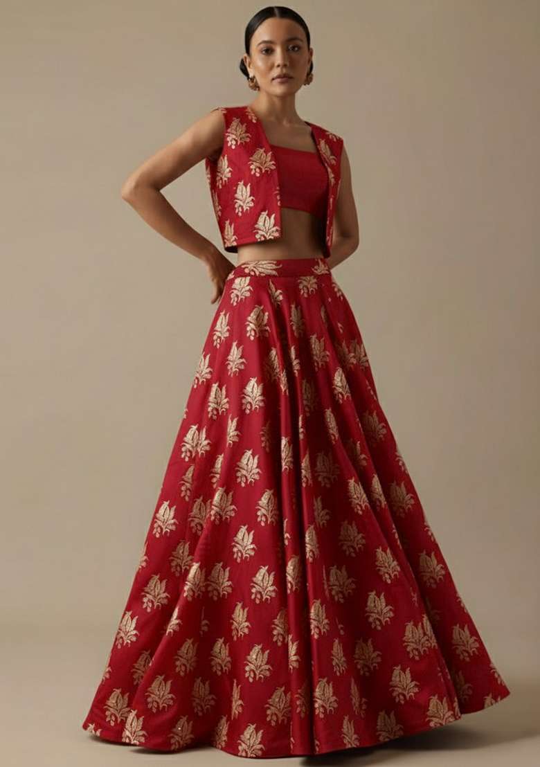 Red Brocade Lehenga Set - Indya