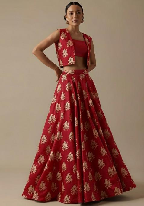 Red Brocade Lehenga Set