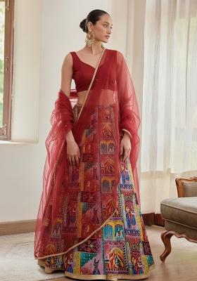 Blue Figure Print Chinon Lehenga Set