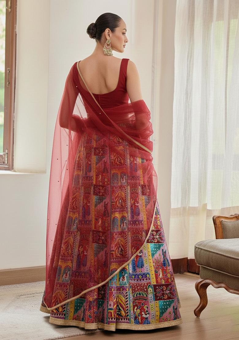 Blue Figure Print Chinon Lehenga Set - Indya