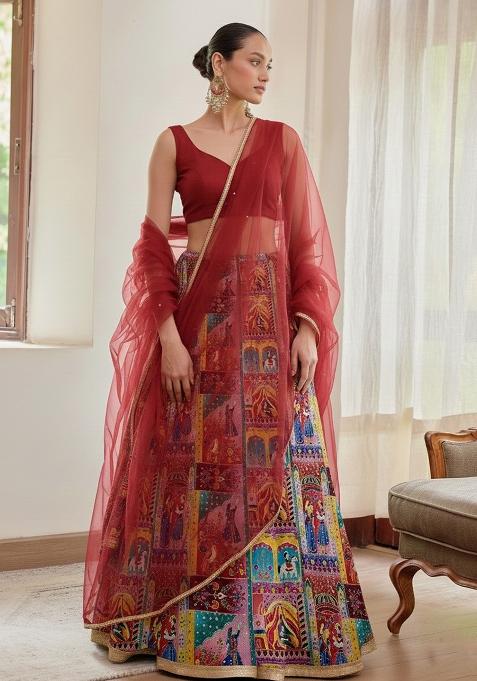 Blue Figure Print Chinon Lehenga Set