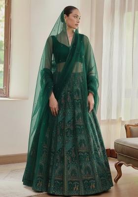 Bottle Green Figure Print Chinon Lehenga Set