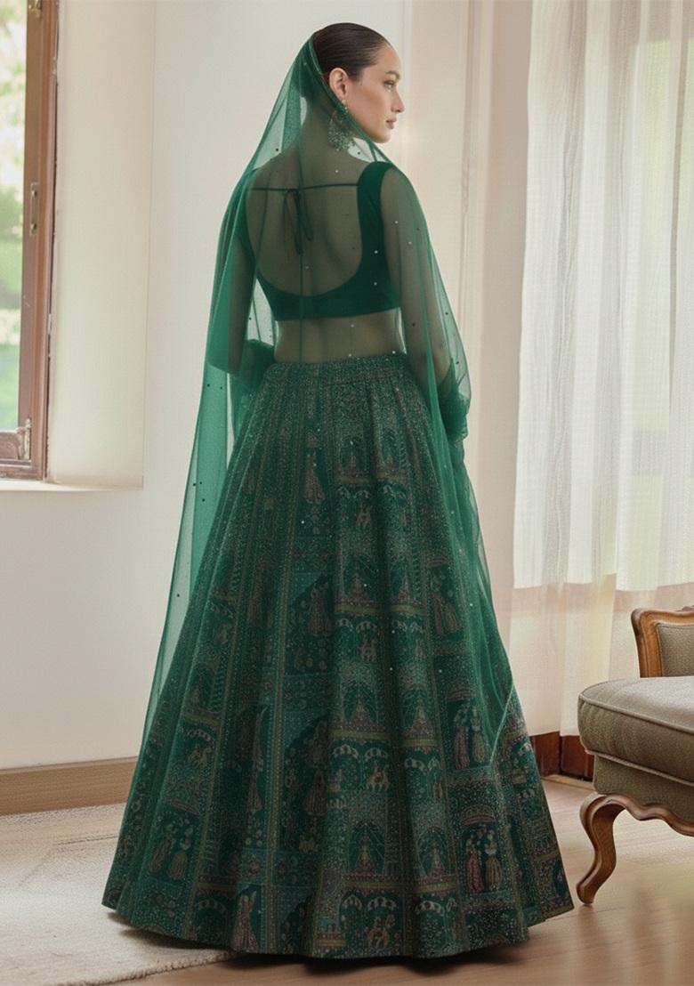 Bottle Green Figure Print Chinon Lehenga Set - Indya