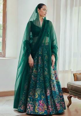 Teal Floral Print Chinon Lehenga Set