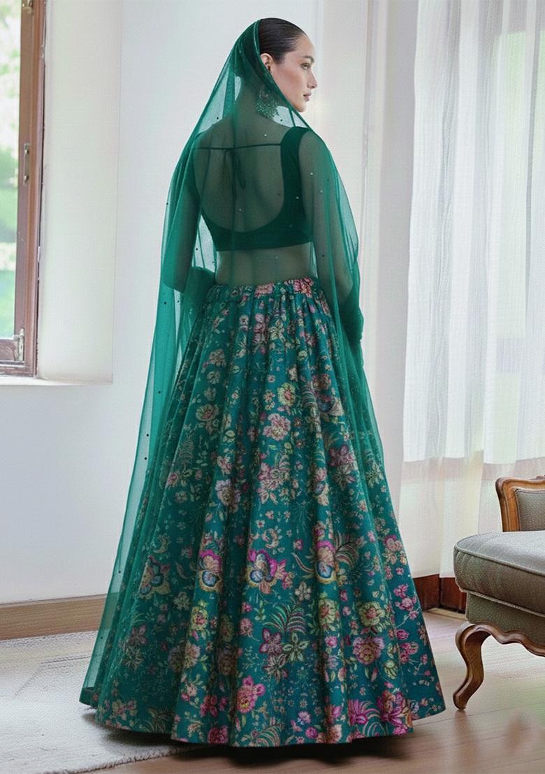 Teal Floral Print Chinon Lehenga Set - Indya