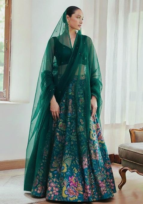 Teal Floral Print Chinon Lehenga Set