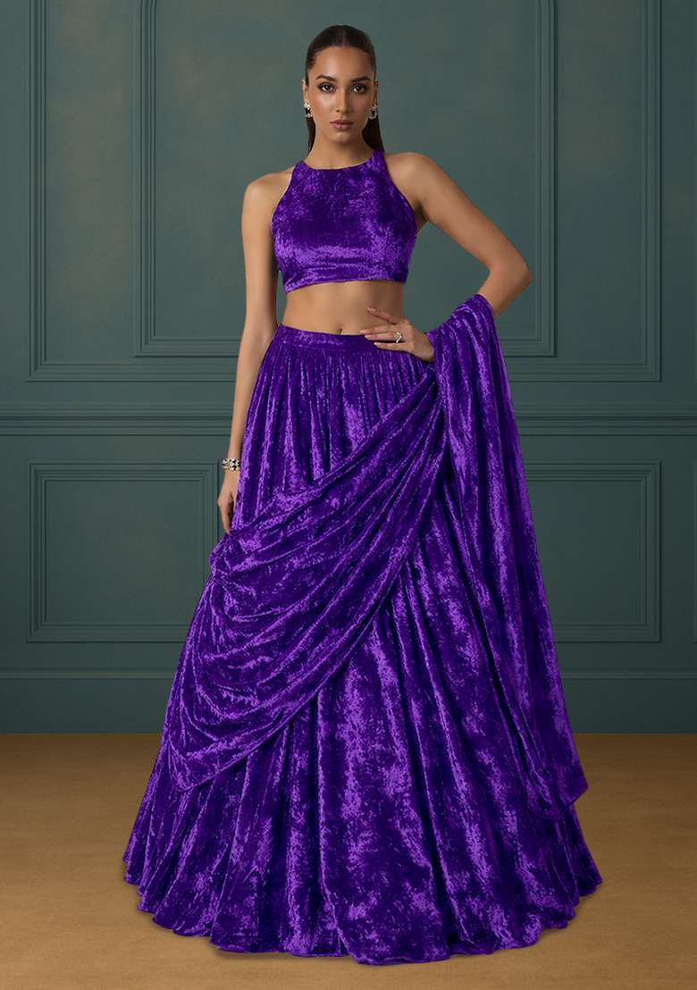 Navy Blue Solid Velvet Lehenga Set - Indya