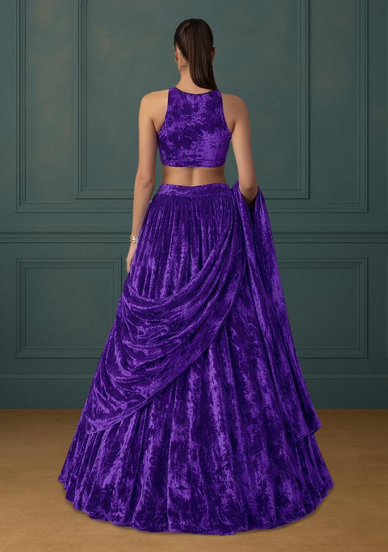 Navy Blue Solid Velvet Lehenga Set - Indya