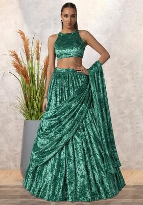 Green Solid Velvet Lehenga Set