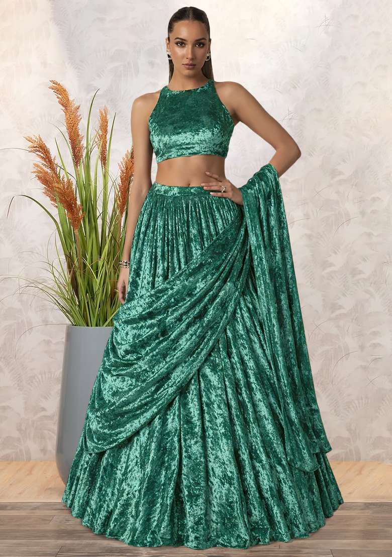 Green Solid Velvet Lehenga Set - Indya