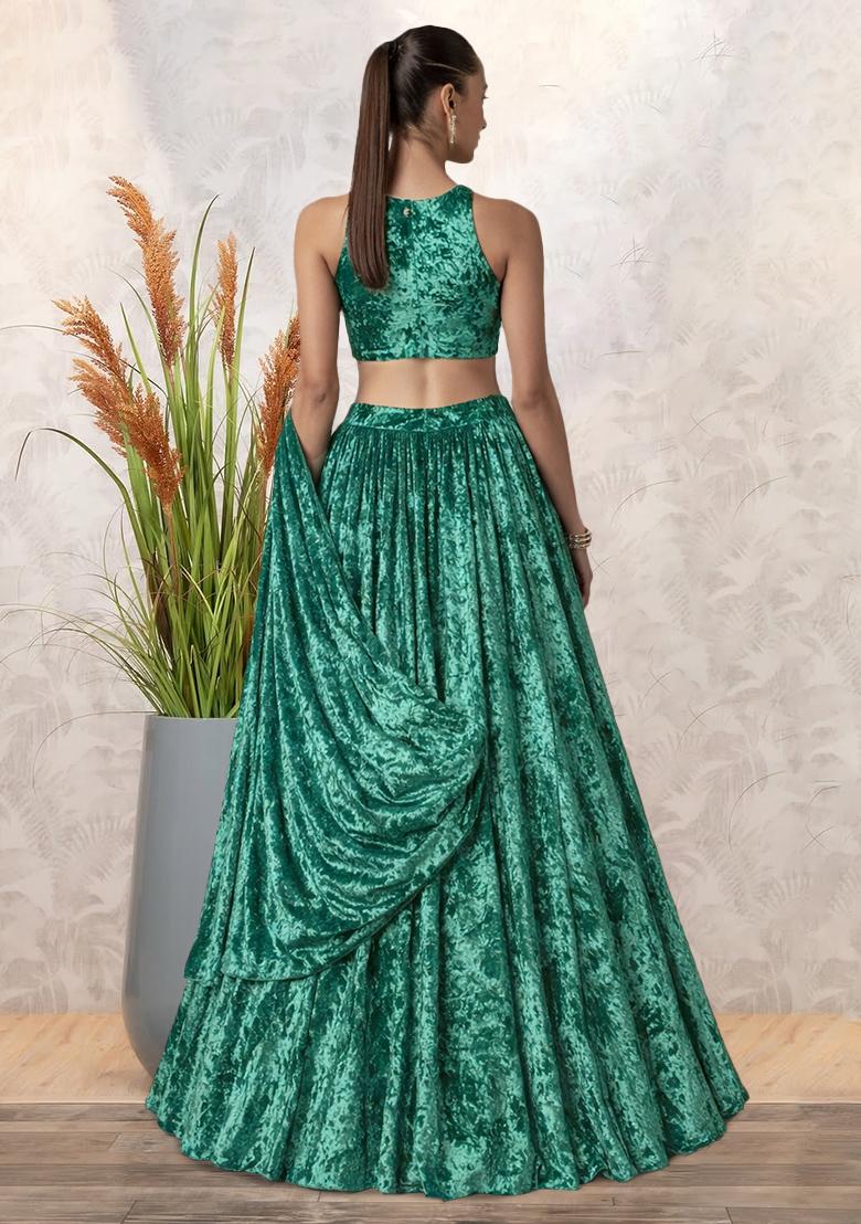 Green Solid Velvet Lehenga Set - Indya