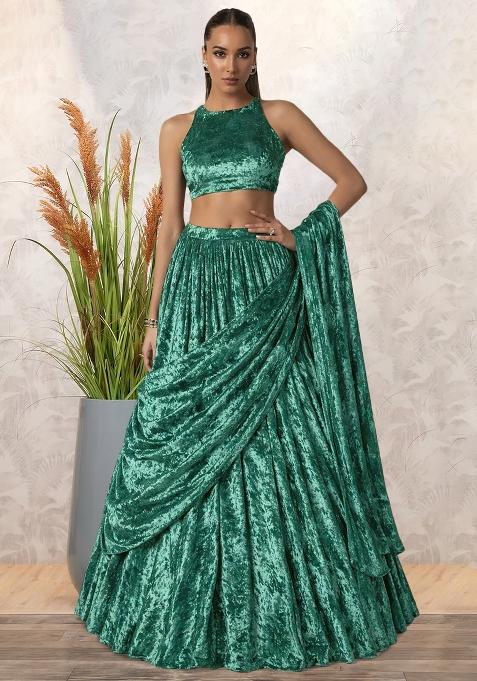 Green Solid Velvet Lehenga Set