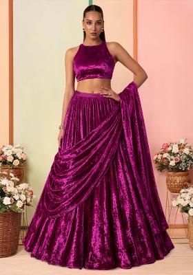 Rani Pink Solid Velvet Lehenga Set