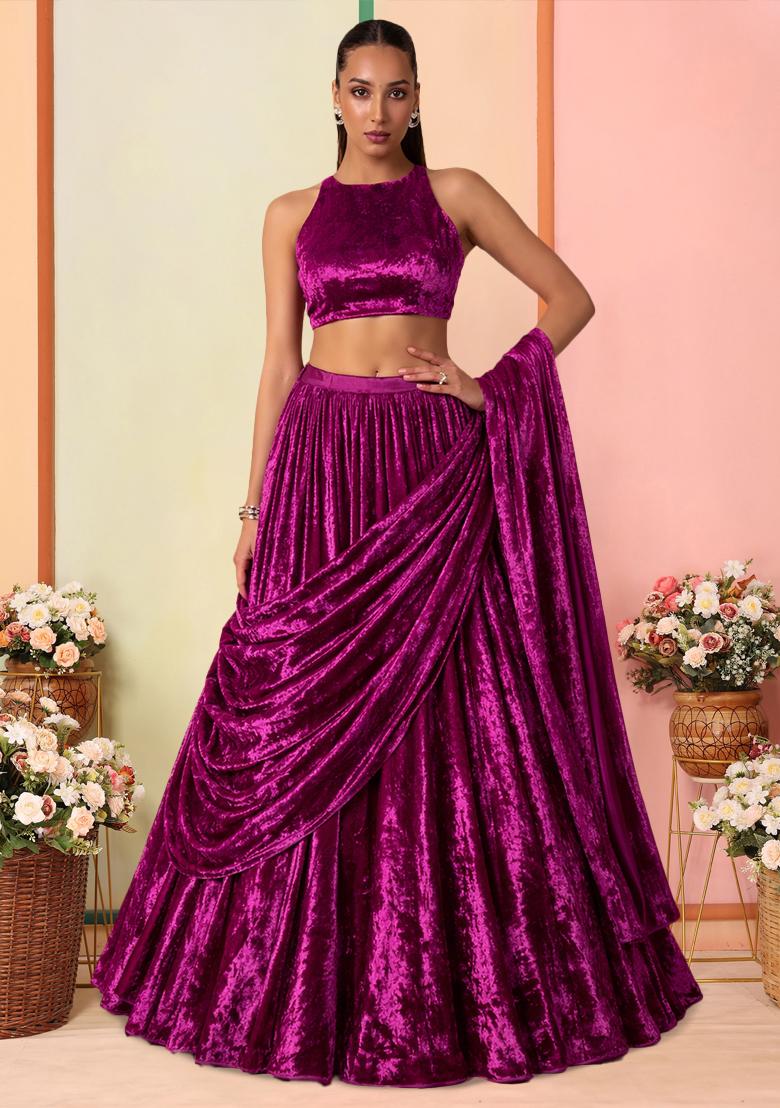 Rani Pink Solid Velvet Lehenga Set - Indya