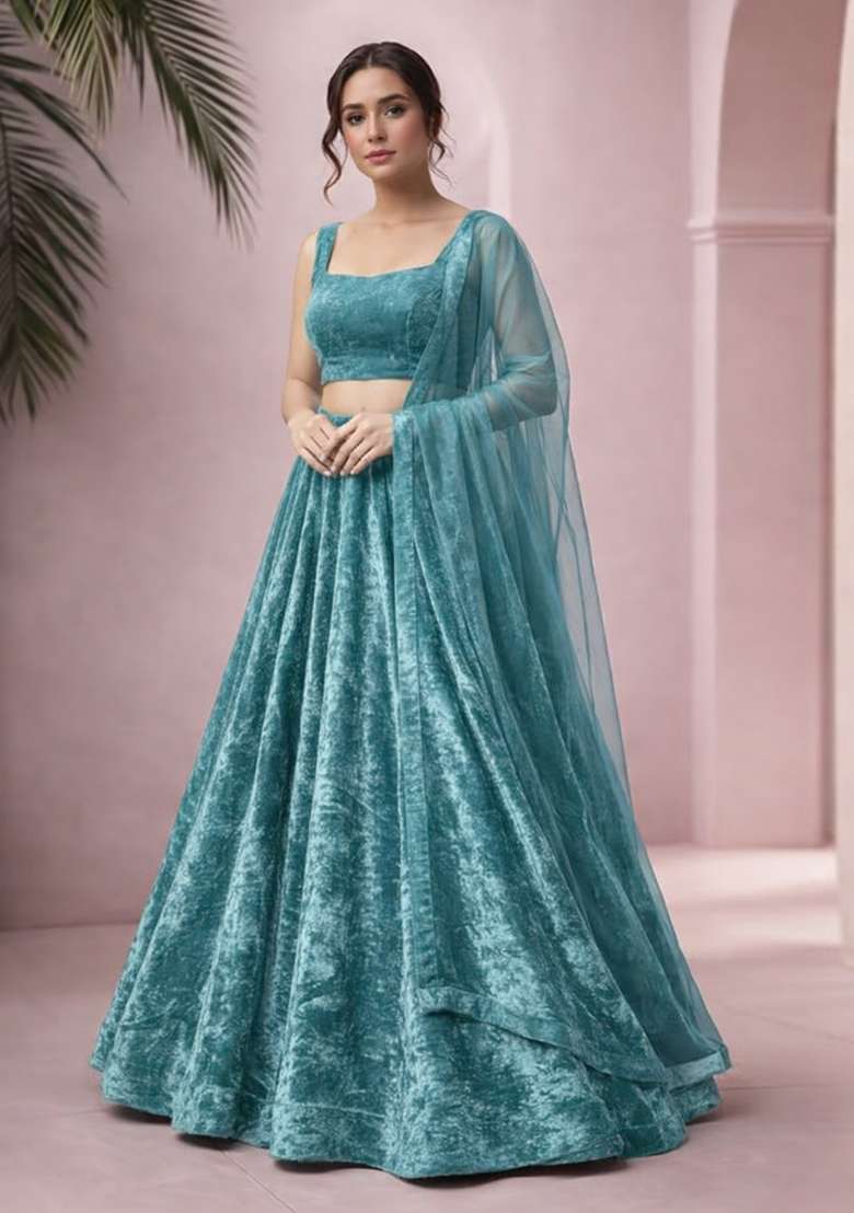 Blue Solid Velvet Lehenga Set - Indya