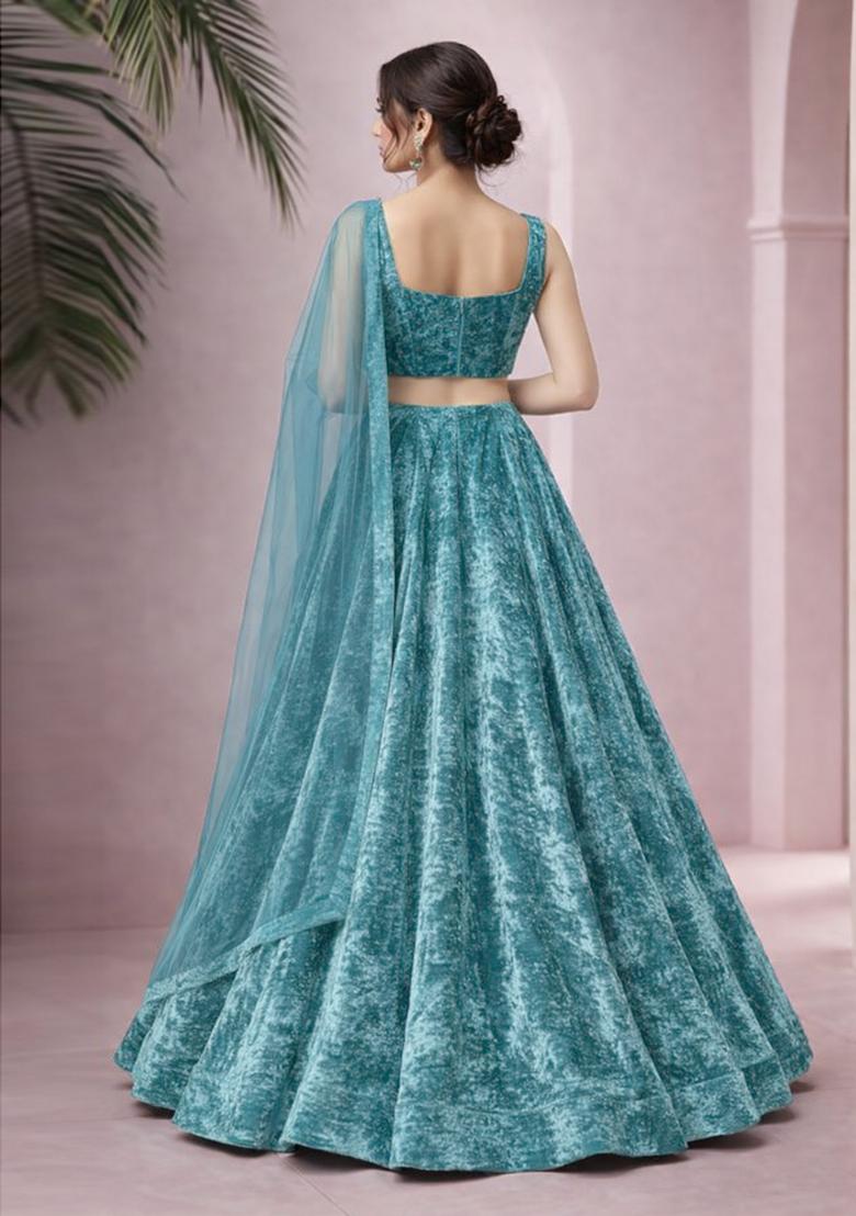 Blue Solid Velvet Lehenga Set - Indya