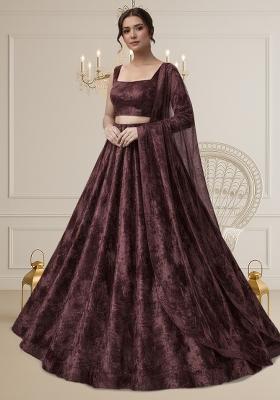 Brown Solid Velvet Lehenga Set