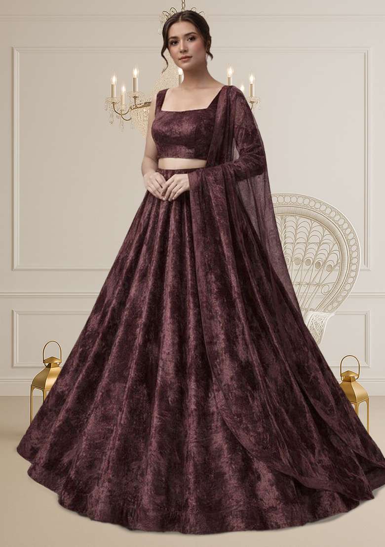 Brown Solid Velvet Lehenga Set - Indya