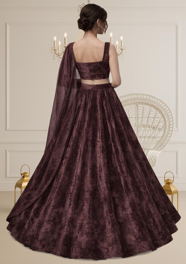 Brown Solid Velvet Lehenga Set - Indya