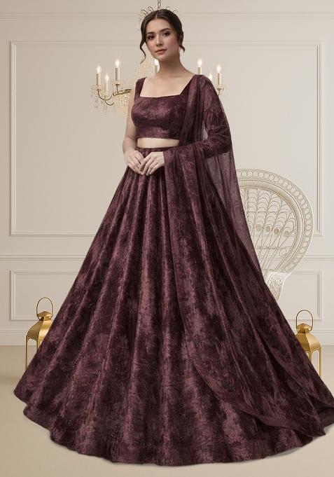 Brown Solid Velvet Lehenga Set