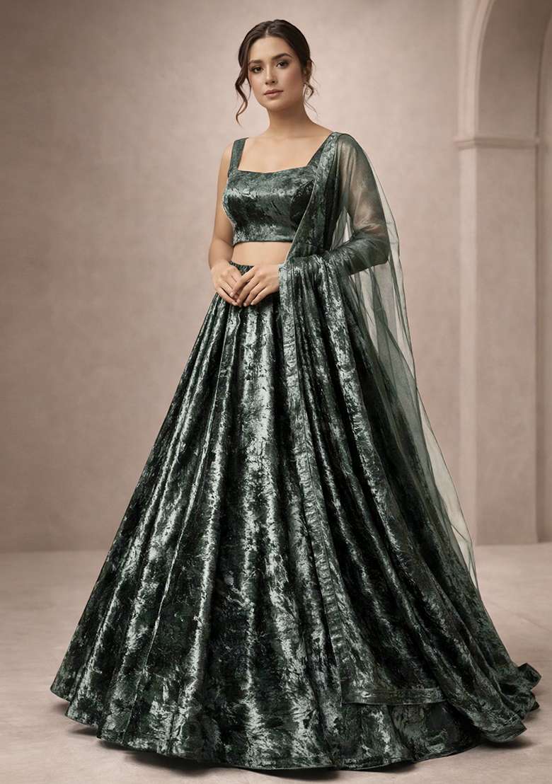 Black Solid Velvet Lehenga Set - Indya
