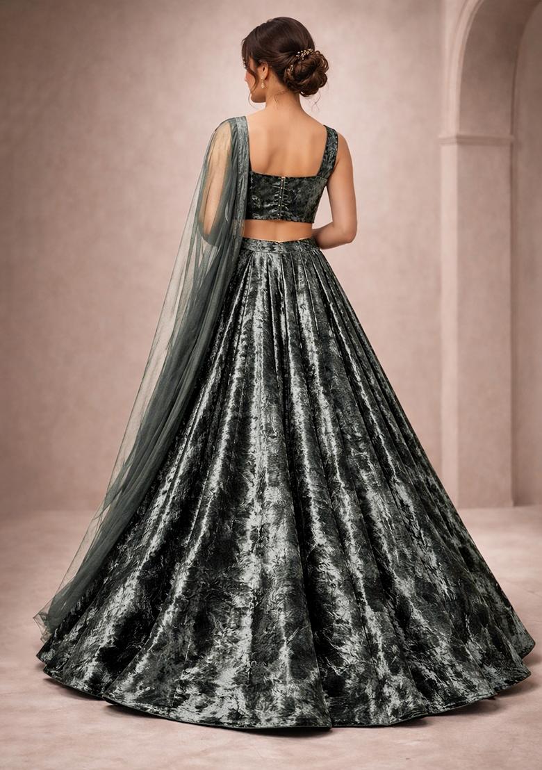 Black Solid Velvet Lehenga Set - Indya