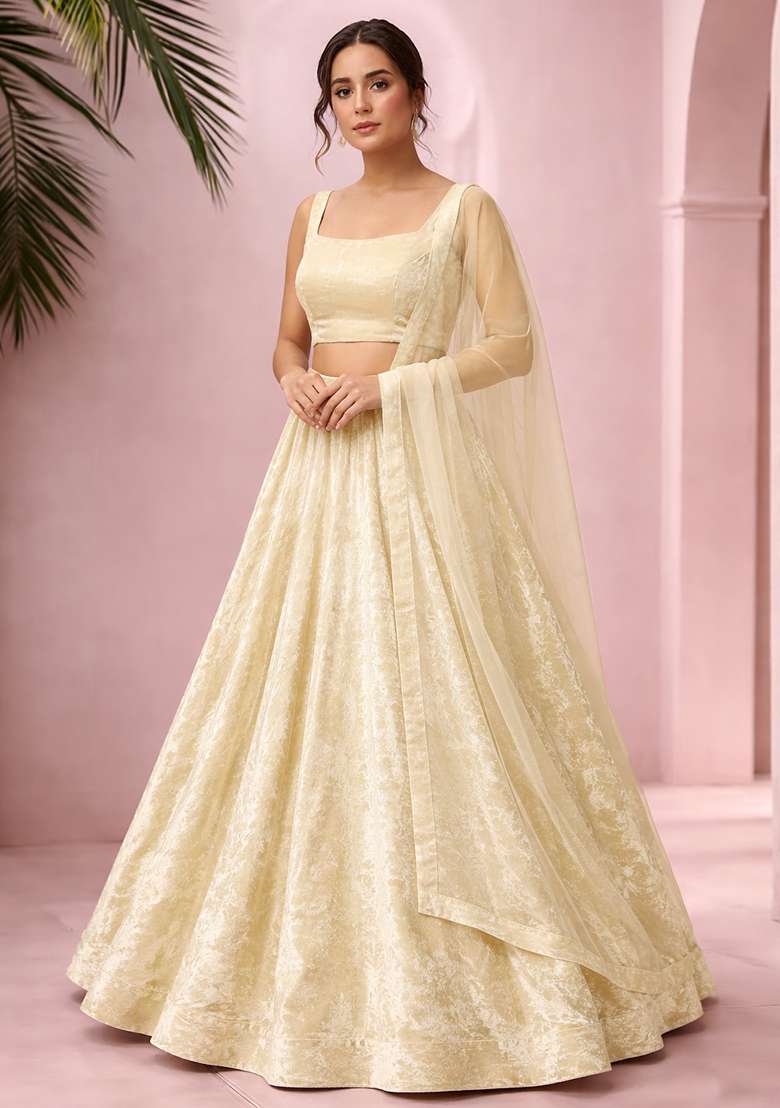 Cream Solid Velvet Lehenga Set - Indya