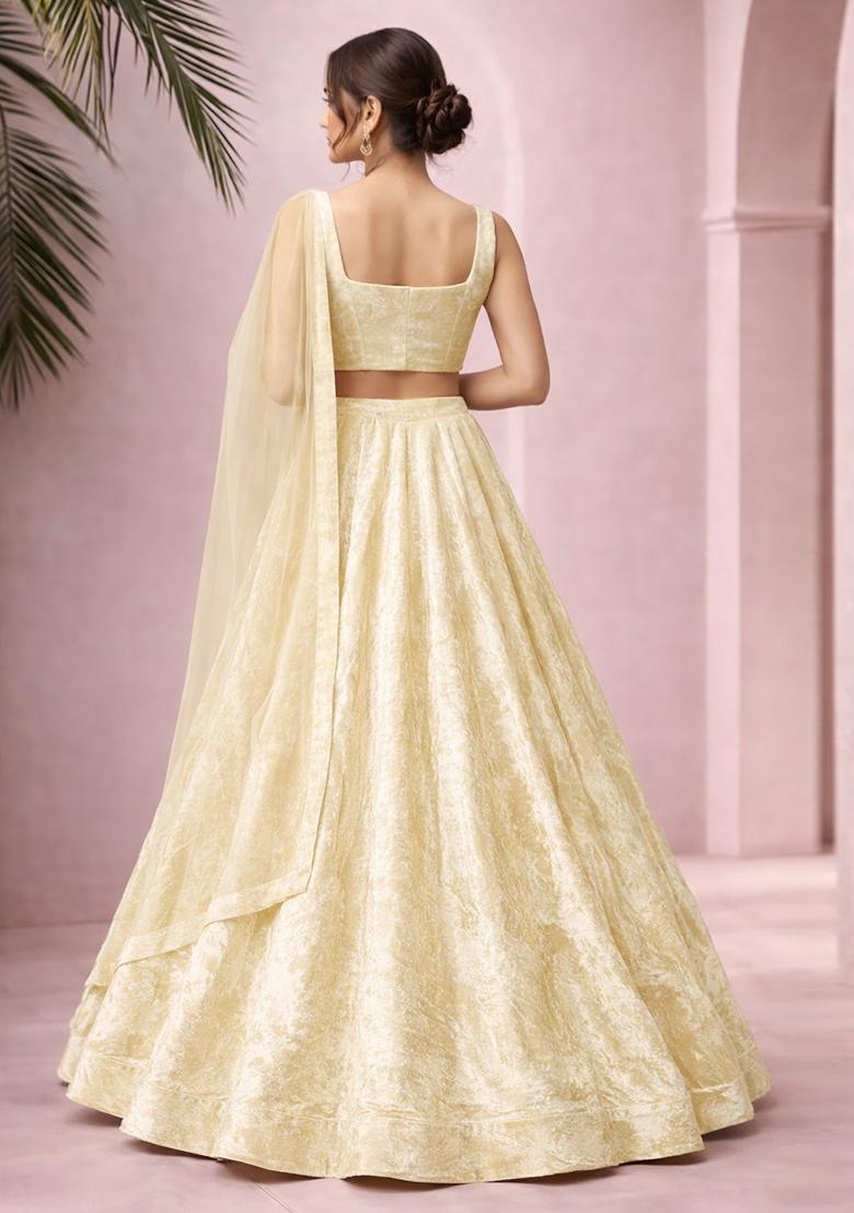 Cream Solid Velvet Lehenga Set - Indya