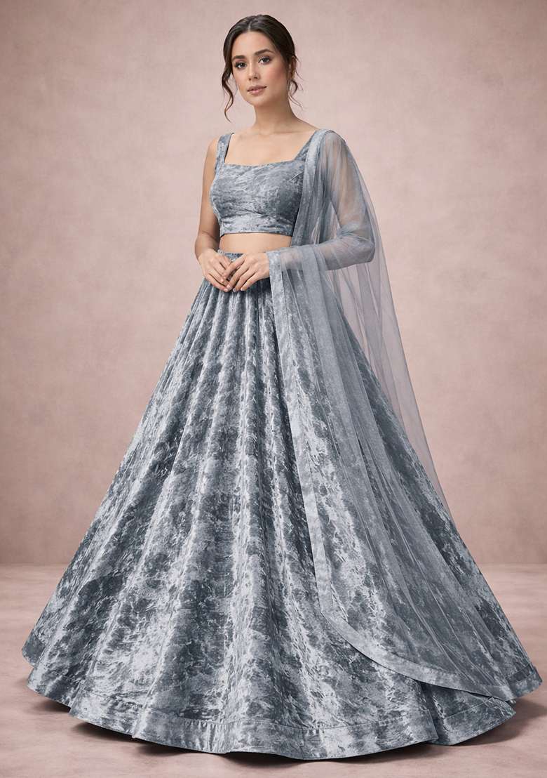 Grey Solid Velvet Lehenga Set - Indya