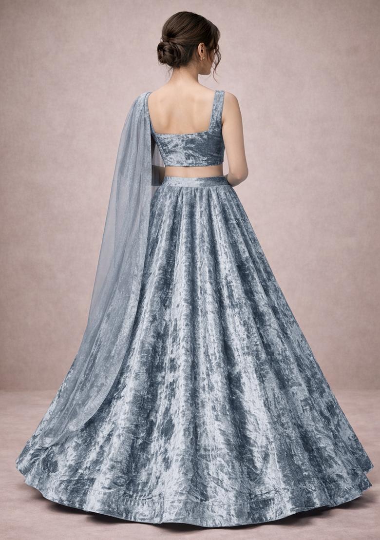 Grey Solid Velvet Lehenga Set - Indya