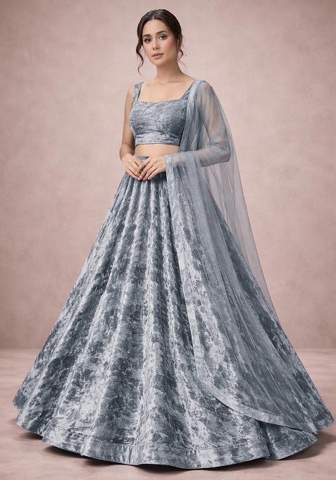 Grey Solid Velvet Lehenga Set