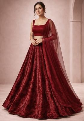 Red Solid Velvet Lehenga Set