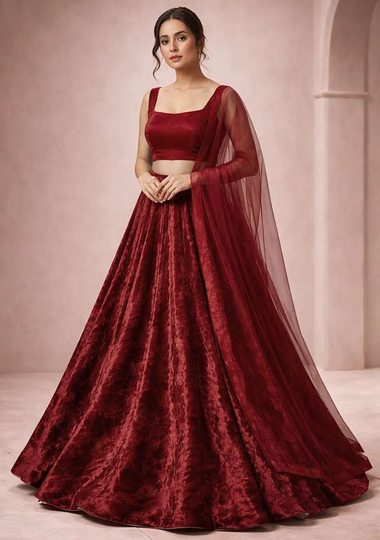 Red Solid Velvet Lehenga Set - Indya