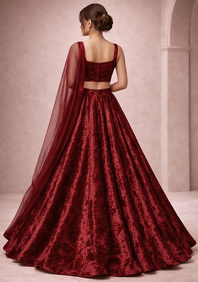 Red Solid Velvet Lehenga Set - Indya