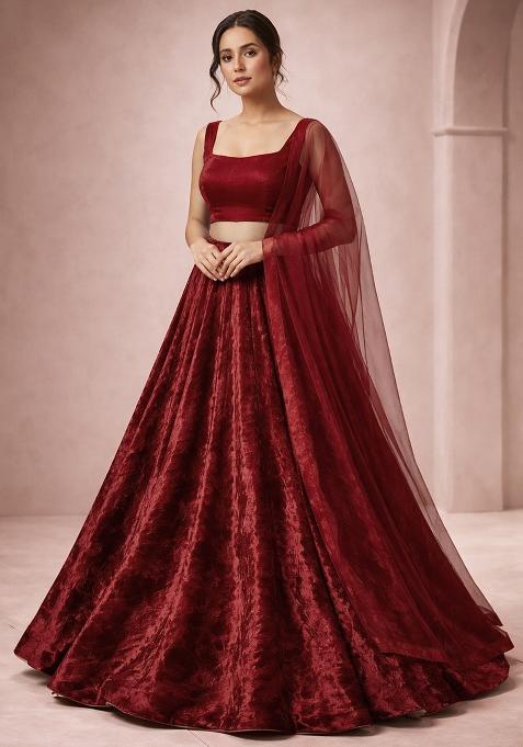 Red Solid Velvet Lehenga Set