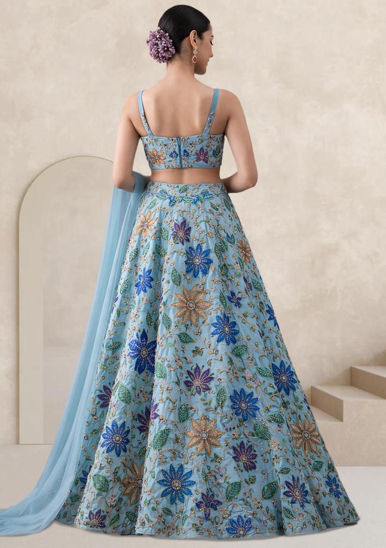 Blue Embroidered Sharara Set - Indya