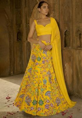 Yellow Floral Print Crepe Lehenga Set
