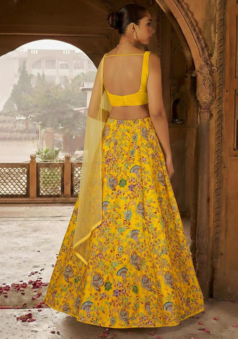 Yellow Floral Print Crepe Lehenga Set - Indya