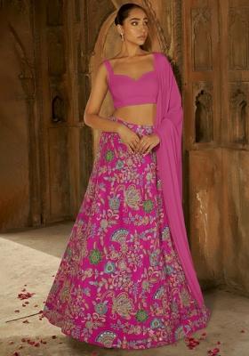 Pink Floral Print Crepe Lehenga Set