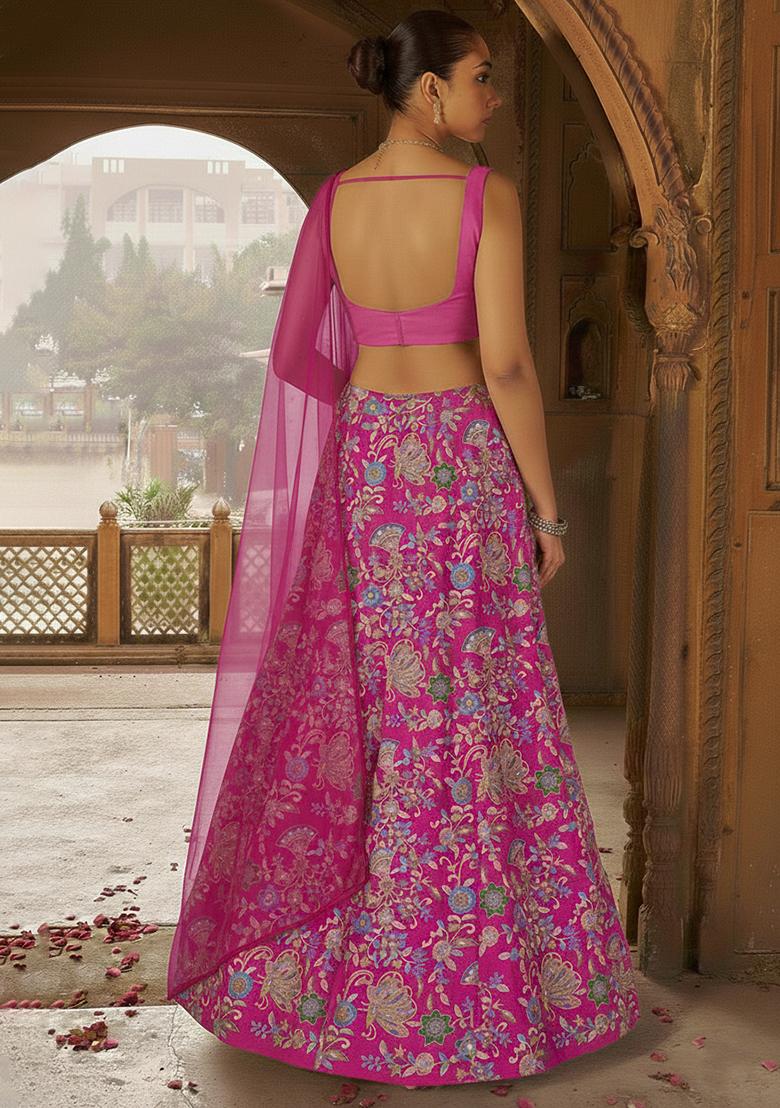 Pink Floral Print Crepe Lehenga Set - Indya