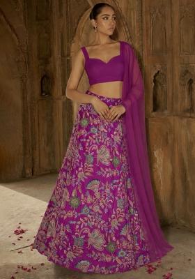 Rani Pink Floral Print Crepe Lehenga Set